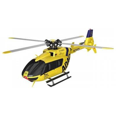 Gele reddingshelikopter van ADAC Luftrettung met registratienummer D-HABC, toont zij- en vooraanzicht details van het model.