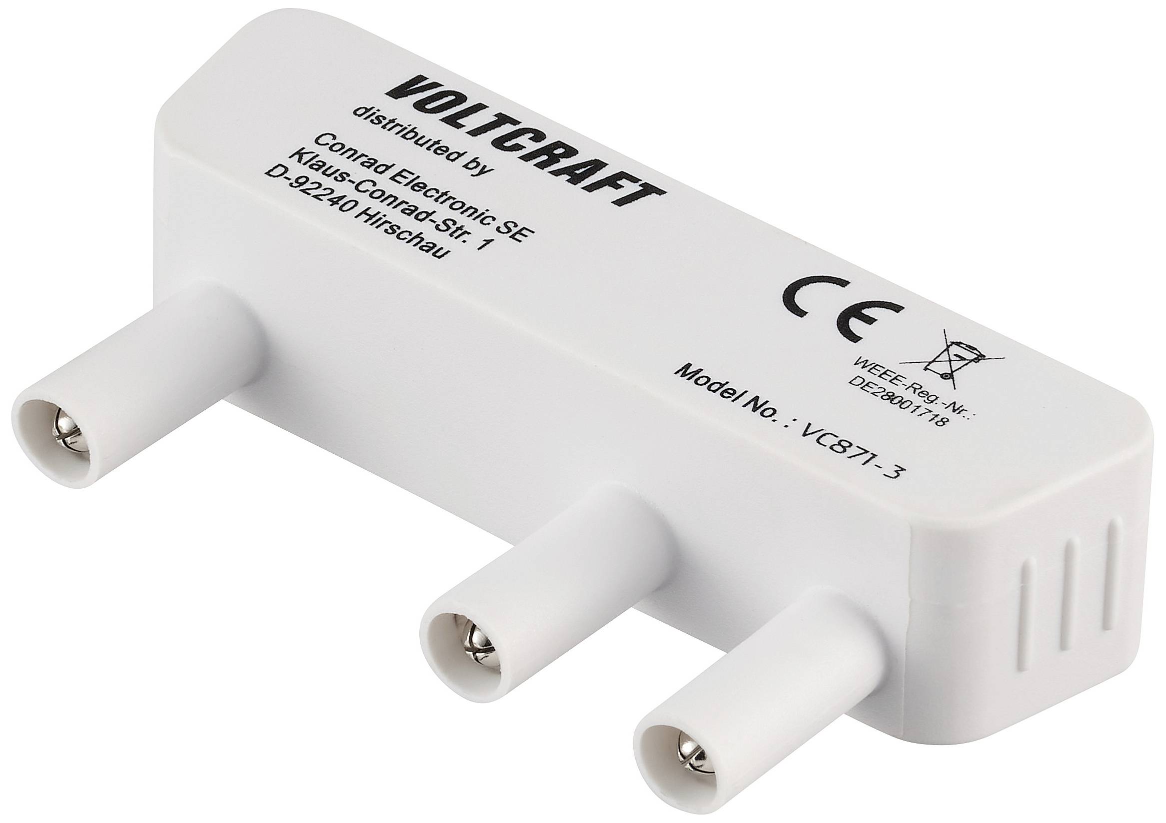Een witte adapter met drie aansluitingen, voorzien van het opschrift 'VOLTCRAFT', modelnummer VC871-3, met CE-markering.