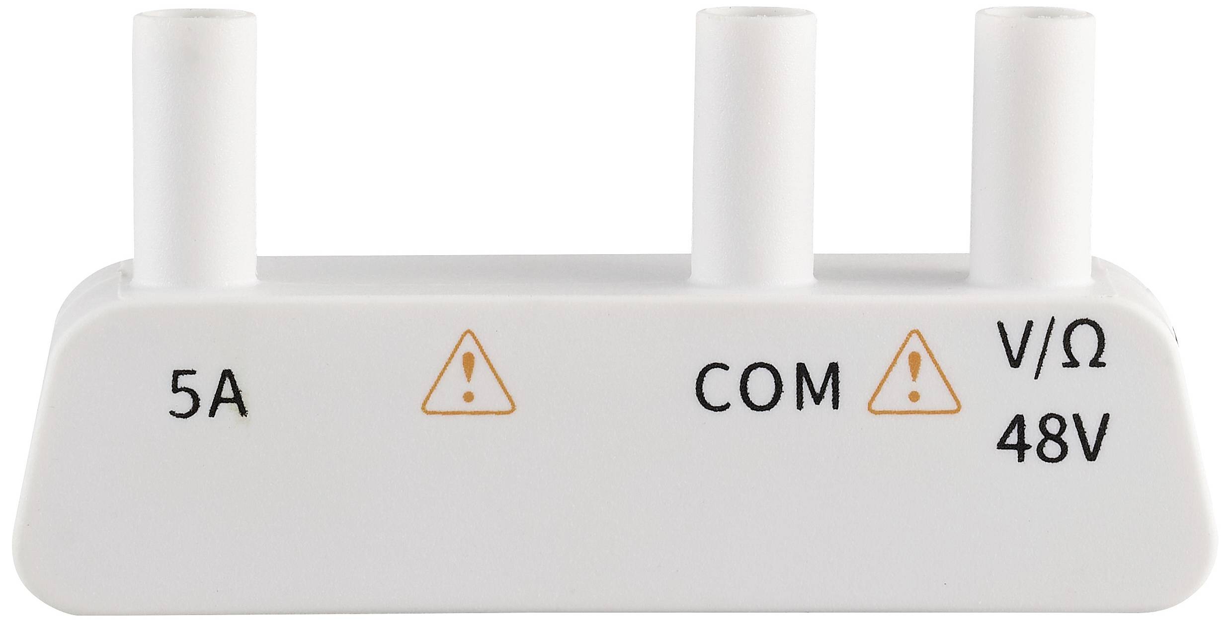 Multimeter-accessoire-adapter met drie aansluitingen: '5A', 'COM' en 'V/Ω 48V'. Waarschuwingssymbolen markeren aandachtspunten.