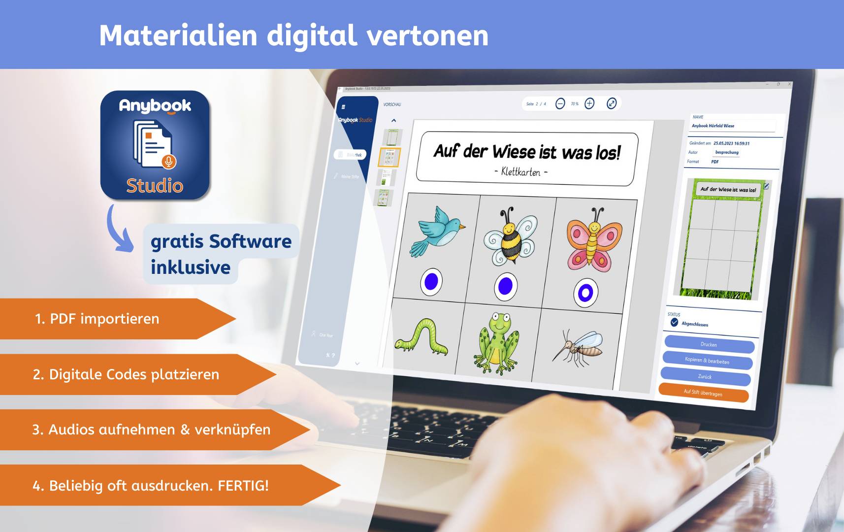 Laptop met geopende software toont een activiteit met insectenafbeeldingen en tekst 'Er is wat aan de hand op de weide!'. Handen op het toetsenbord.