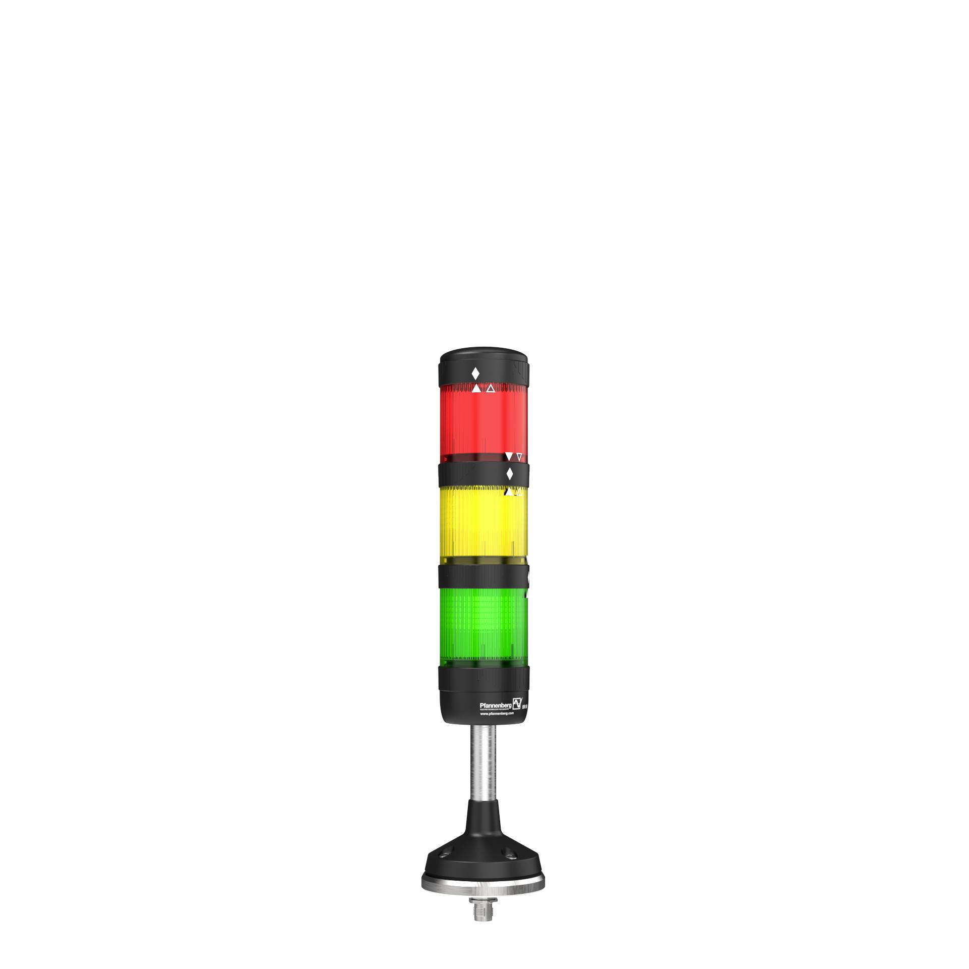 Verkeerslichtachtig signaleringssysteem met drie kleuren: Rood, Geel en Groen, voor statusweergave van machines of processen.