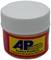 Een kleine, ronde plastic container met een witte schroefdeksel. Het etiket toont het logo 'AP' en het adres 'Anders Products, Andover, MA'.