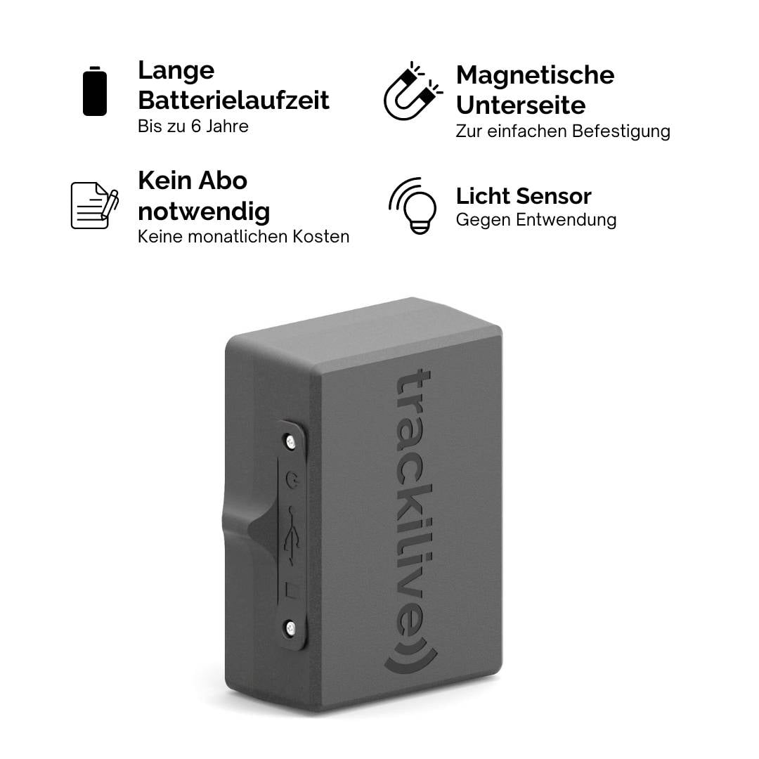 Een zwarte GPS-tracker met het opschrift 'trackilive'. Eigenschappen: lange batterijduur, magnetische onderkant, lichtgevoelig, geen abonnement.