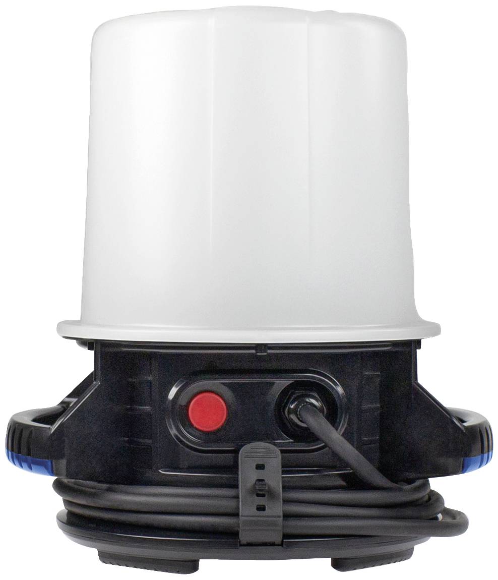 Een witte, cilindrische waterfilter met een zwarte basis en een rode knop. Aan de basis is een kabel aangesloten.