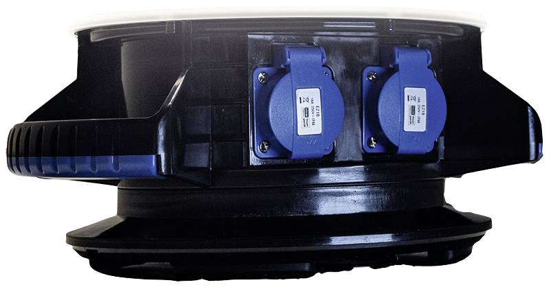 Elektrisch apparaat met twee blauwe stopcontacten op een zwarte behuizing.