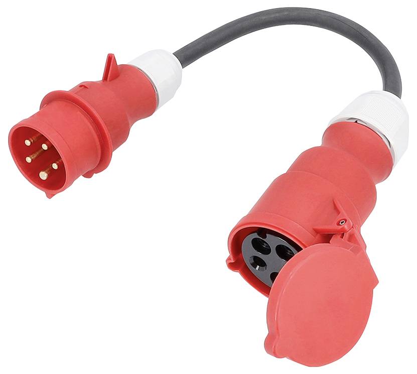 Een rode industriële elektrische stekker en stopcontact connector met meerdere pinnen, ontworpen voor toepassingen met hoog vermogen, geïsoleerd op een witte achtergrond.