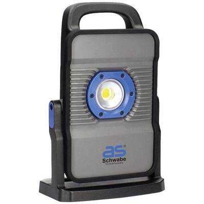Een draagbare LED-werkspot met handvat en stabiele voet, die geschikt is voor bouwplaatsen en werkplaatsen.