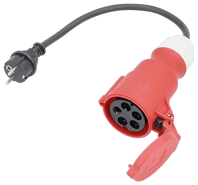 Een rood stroomkabel met een driepolige stekker, geschikt voor industriële toepassingen.