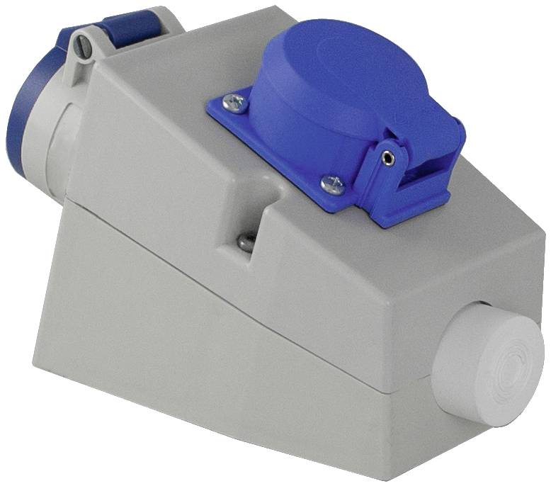 Grijze, schuin gevormde elektrische connector met een blauwe dop.