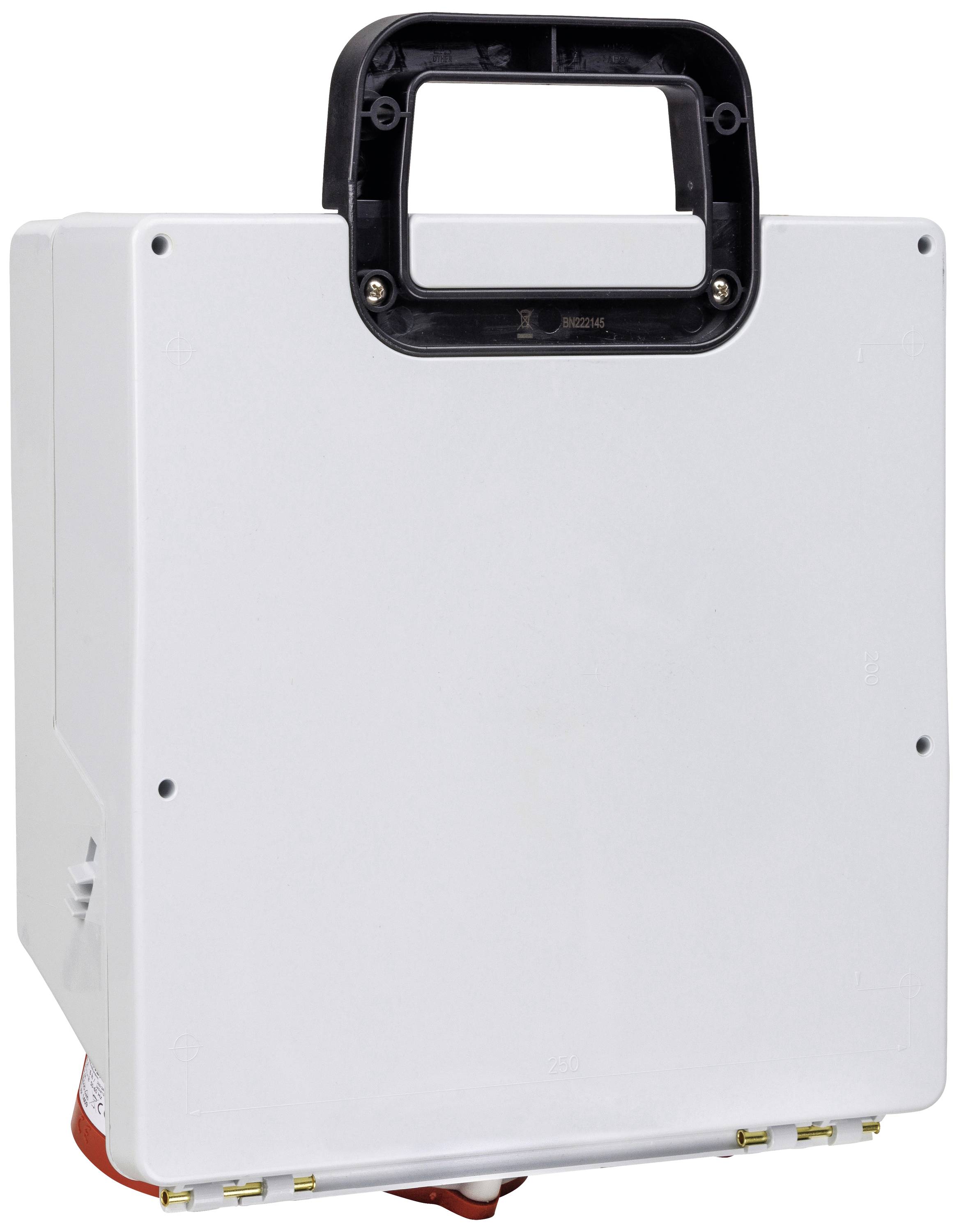 Witte draagbare stekkerdoos met zwarte handgreep, geschikt voor gebruik op bouwplaatsen of in industriële omgevingen.