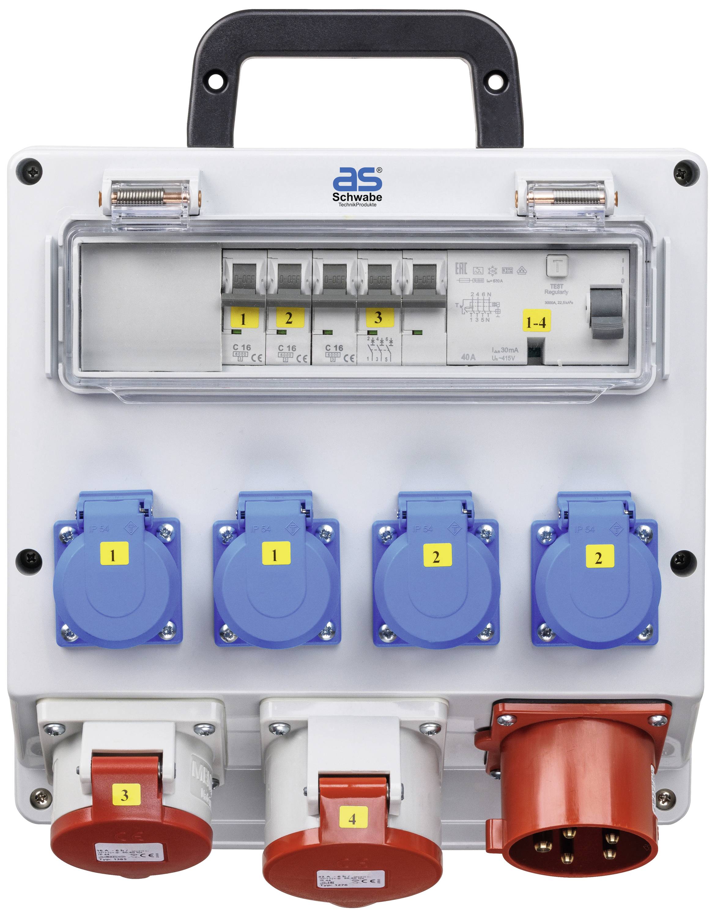 Elektrische verdeelkast met blauwe en rode stopcontacten, meerdere schakelaars en een zwart handvat, merk 'as Schwabe'.