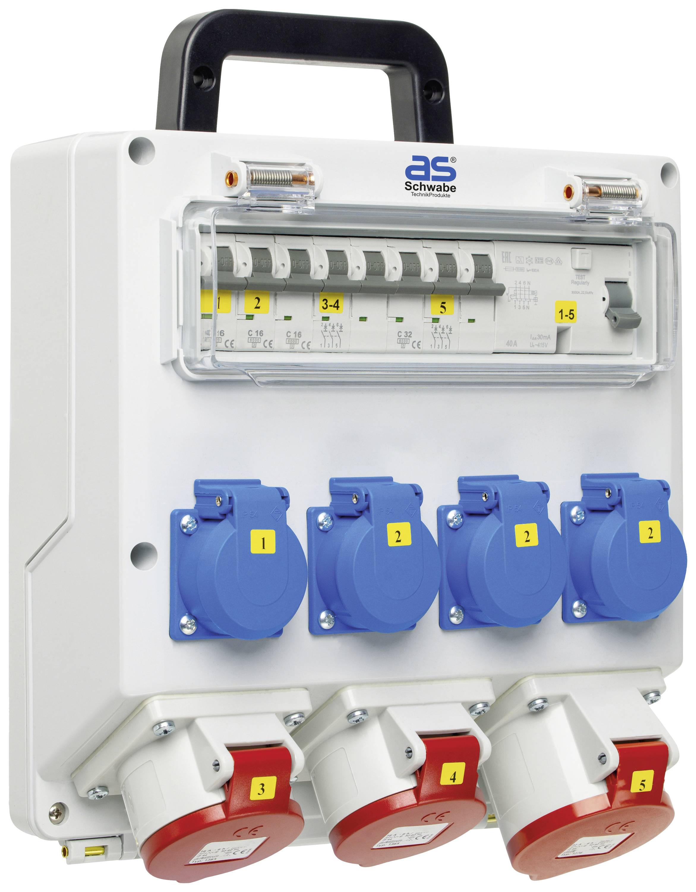 Een witte elektriciteitskast met blauwe en rode stopcontacten, voorzien van de labels '1', '2', '3-4', '5-6', en een zwarte handgreep bovenaan.