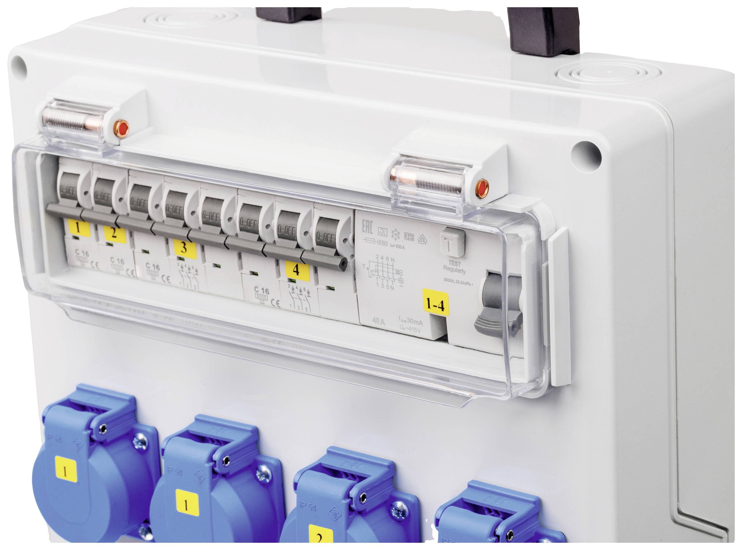 Een elektrische verdeelkast met meerdere blauwe stopcontacten en vier zekeringen, genummerd van 1 tot 4.