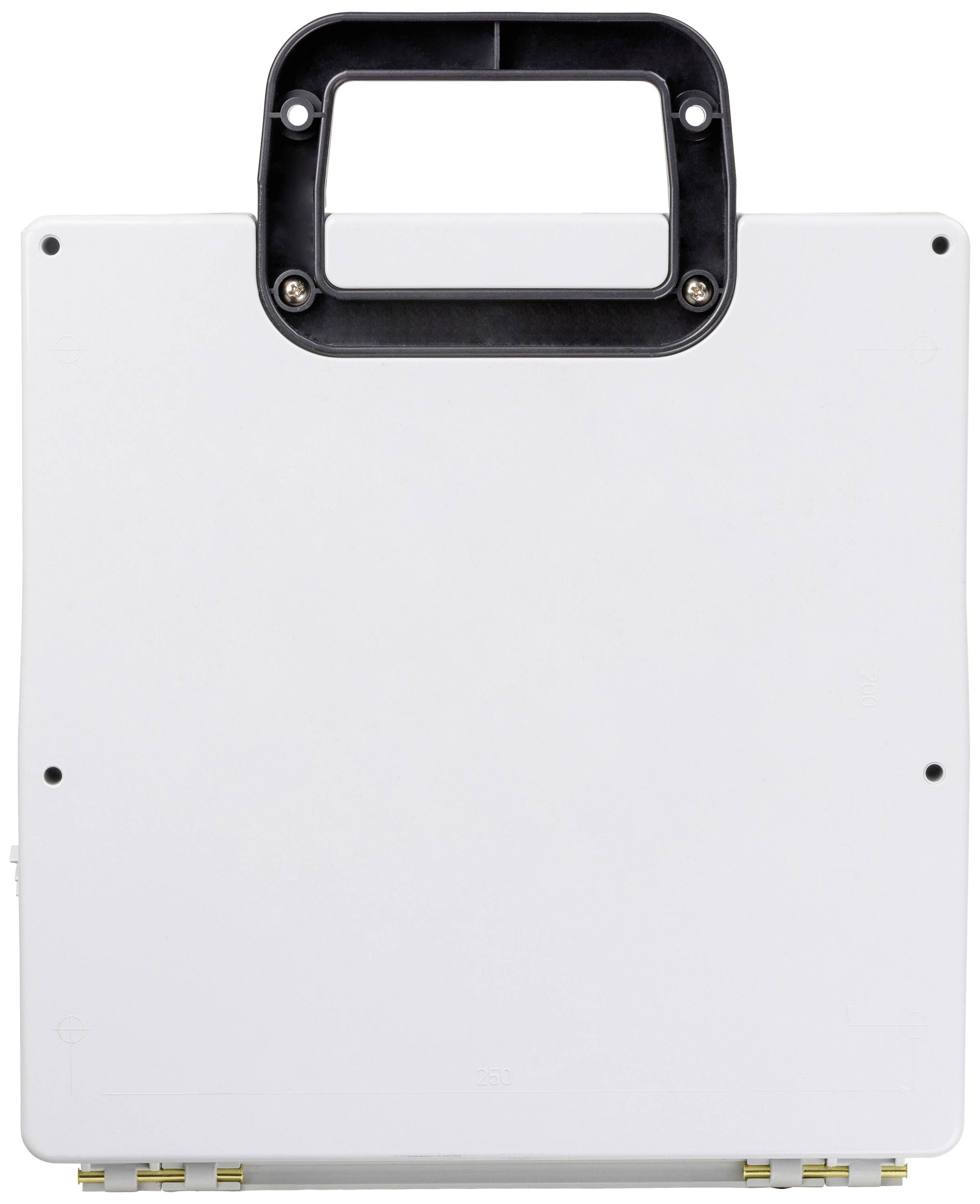 Een witte koffer met een zwarte handgreep, mogelijk draagbaar, voor een witte achtergrond.