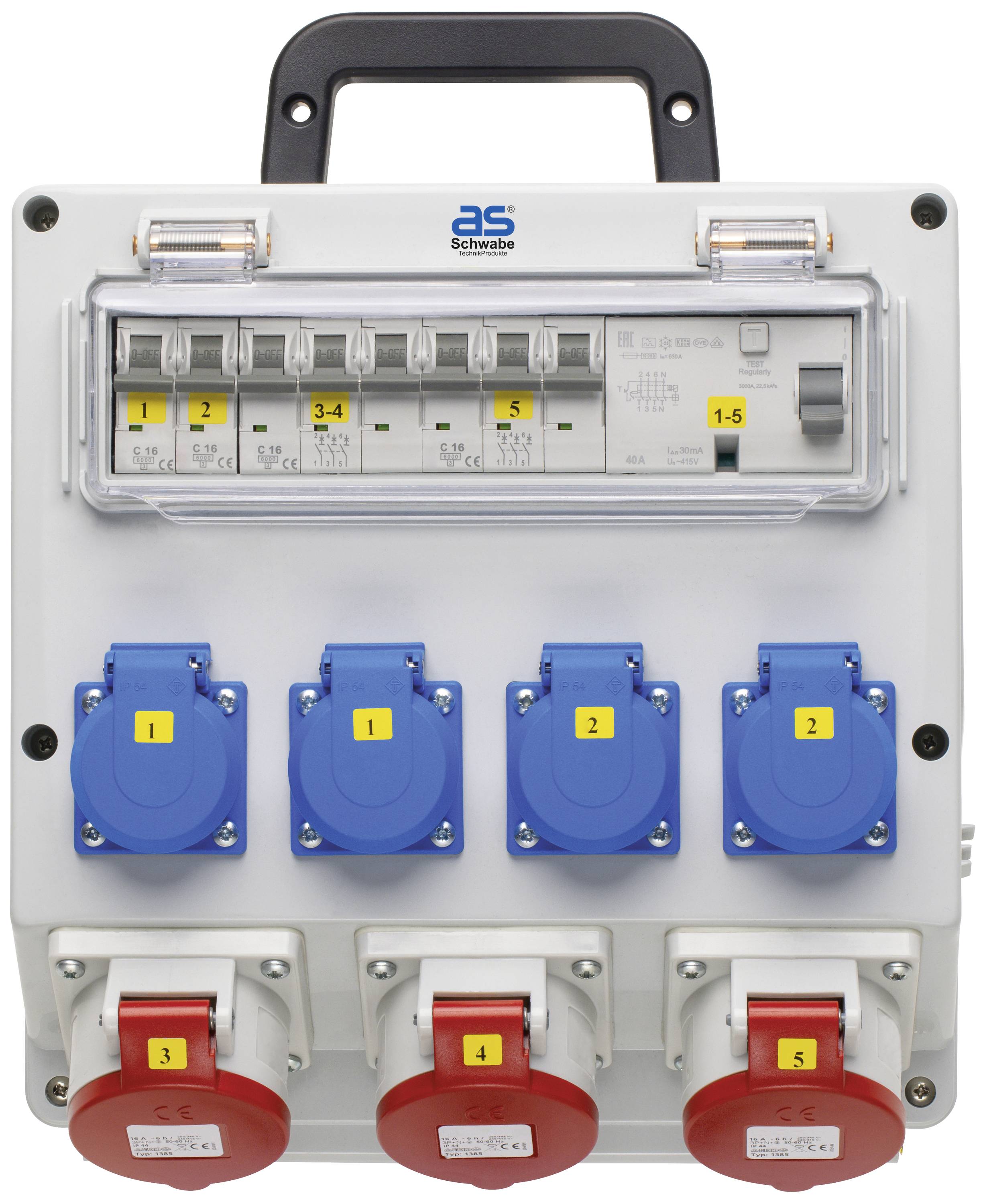 Een elektrische verdeelkast met blauwe en rode stopcontacten, genummerd van 1 tot 5, en een bovenste sectie met zekeringschakelaars.