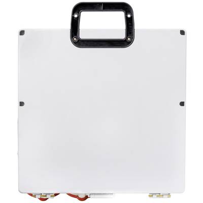Een wit technisch apparaat in vierkante vorm met een zwarte handgreep bovenaan, waarschijnlijk een draagbare oplader of batterij-apparaat.