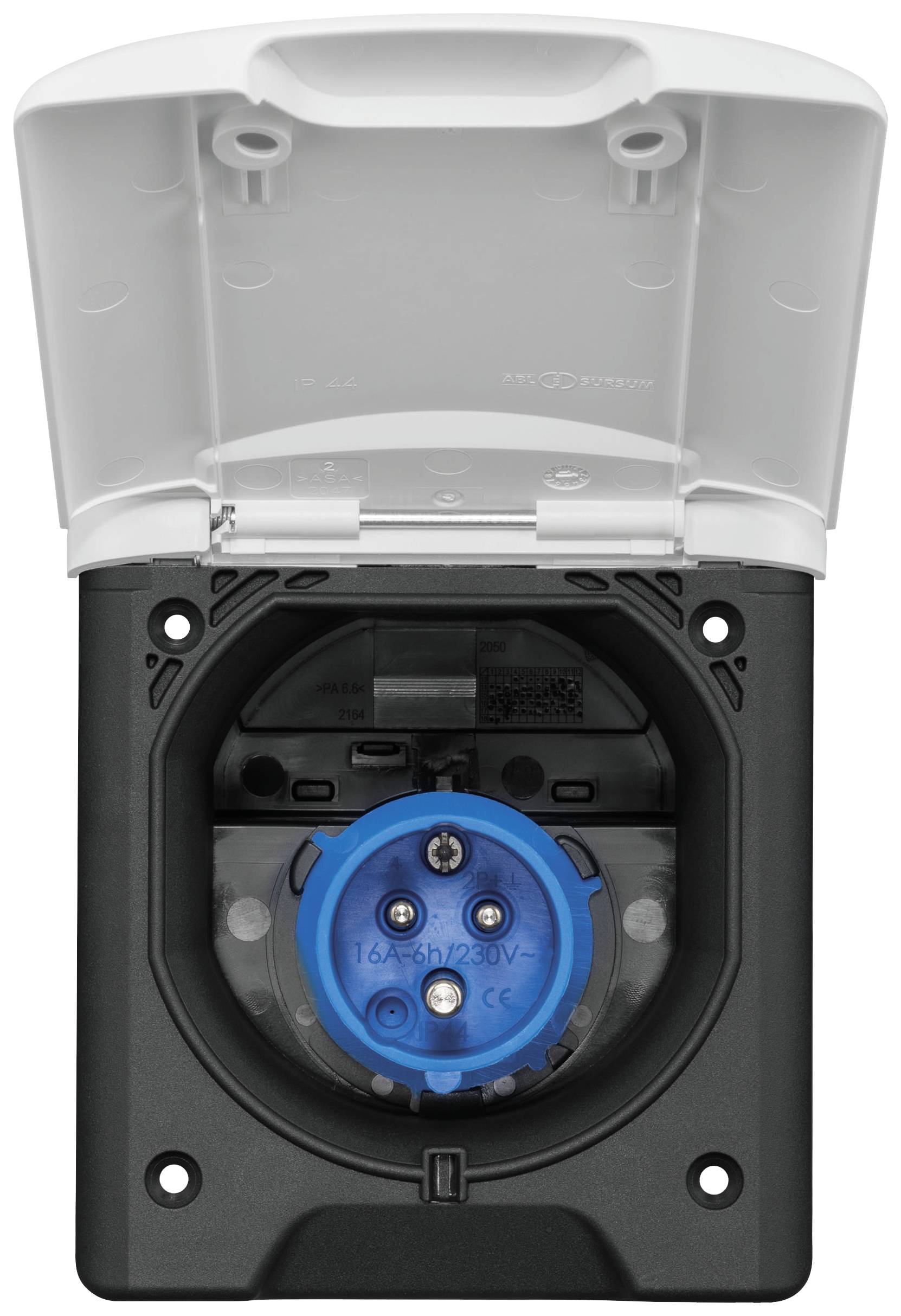 Een blauwe CEE-wandcontactdoos met deksel, geschikt voor 16A, 250V. Behuizing zwart met transparante beschermkap.