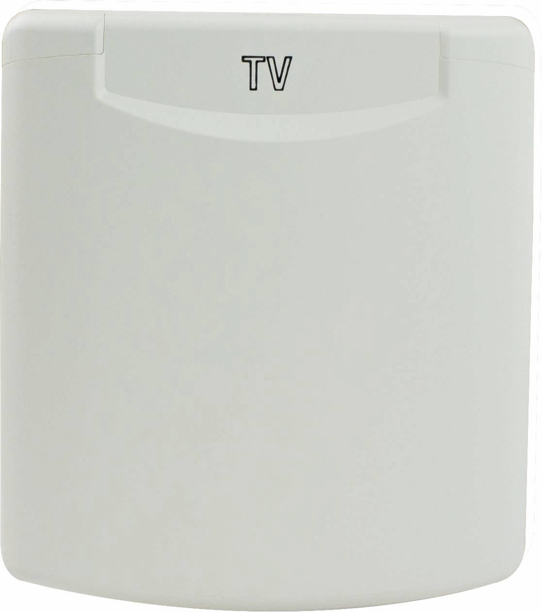 Witte tv-wandcontactdoos met een strak design. Bovenaan staat 'TV'.