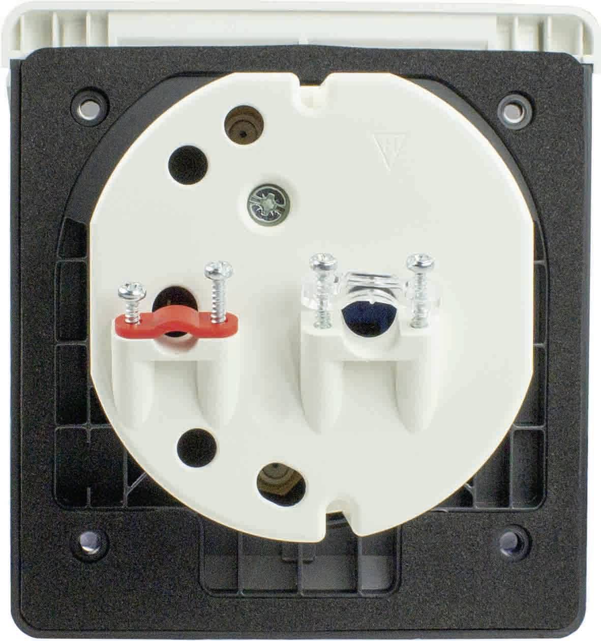 Een gedetailleerde weergave van de achterkant van een stopcontact zonder afdekking, met zichtbare schroeven en aansluitpunten voor elektrische kabels.