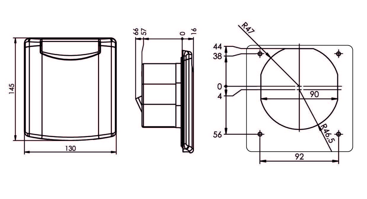 Technische tekening van een vierkante schakelaar met afmetingen: 145x130 mm, diepte 57 mm, toont details en boorgaten.