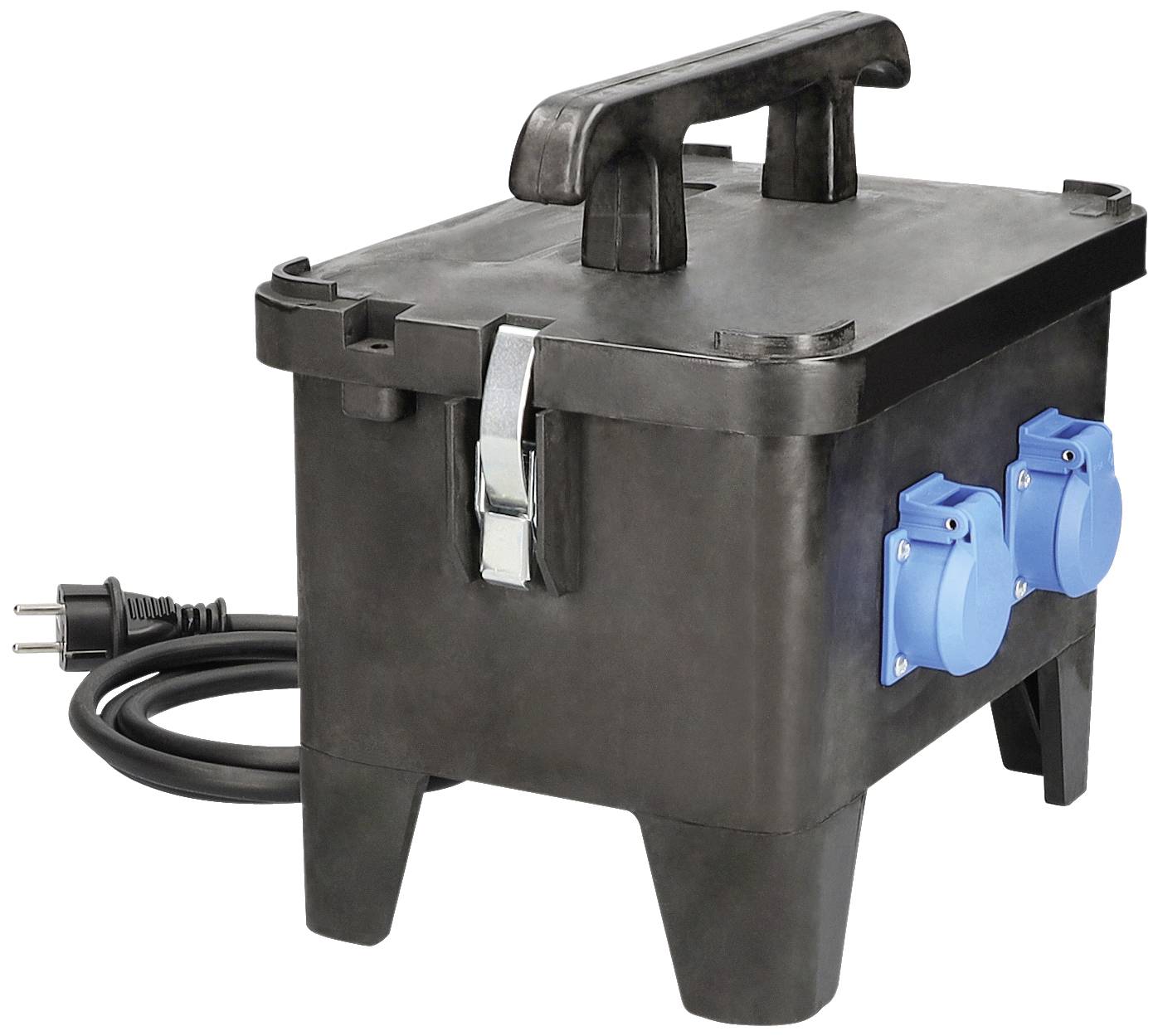 Zwarte draagbare stroomverdeler met twee blauwe stopcontacten aan de zijkant, handgreep bovenaan en netsnoer met stekker links.