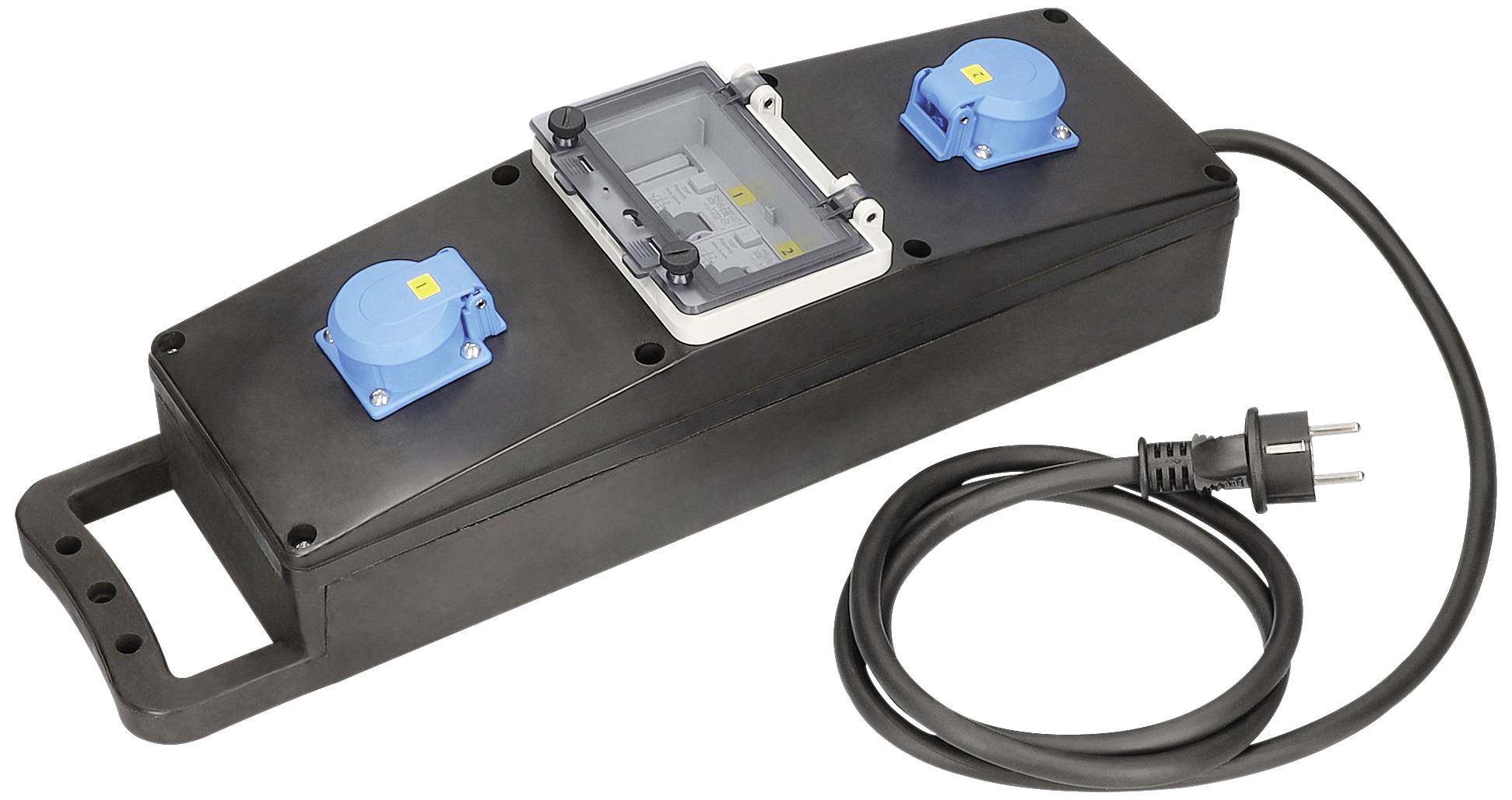 Zwarte stekkerdoos met drie blauwe contactdozen en een transparante beschermkap, verbonden met een zwart snoer en stekker.