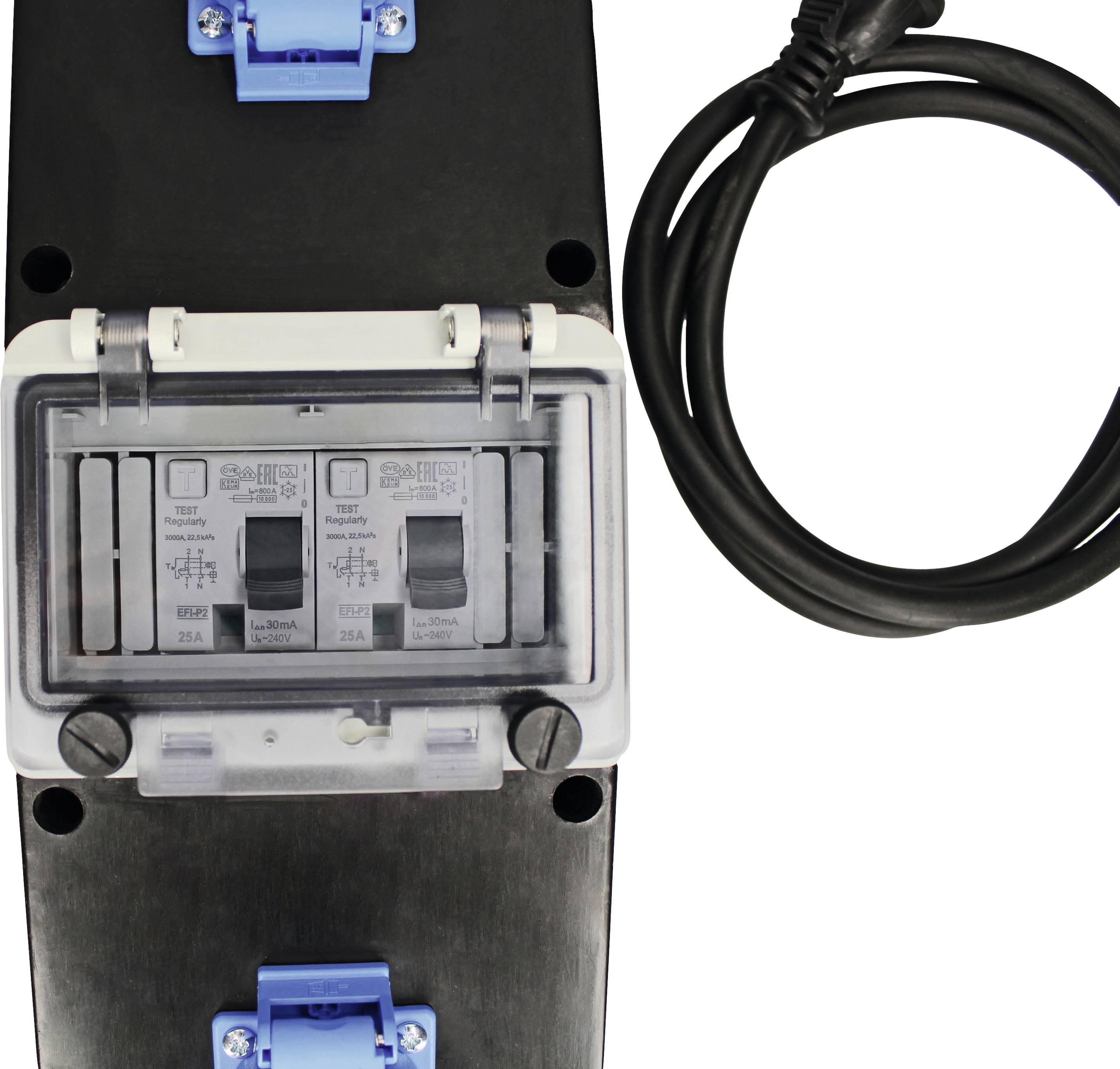 Een zwarte stroomverdeler met drie schakelaars, omgeven door blauwe houders en een rechts zwart kabel.