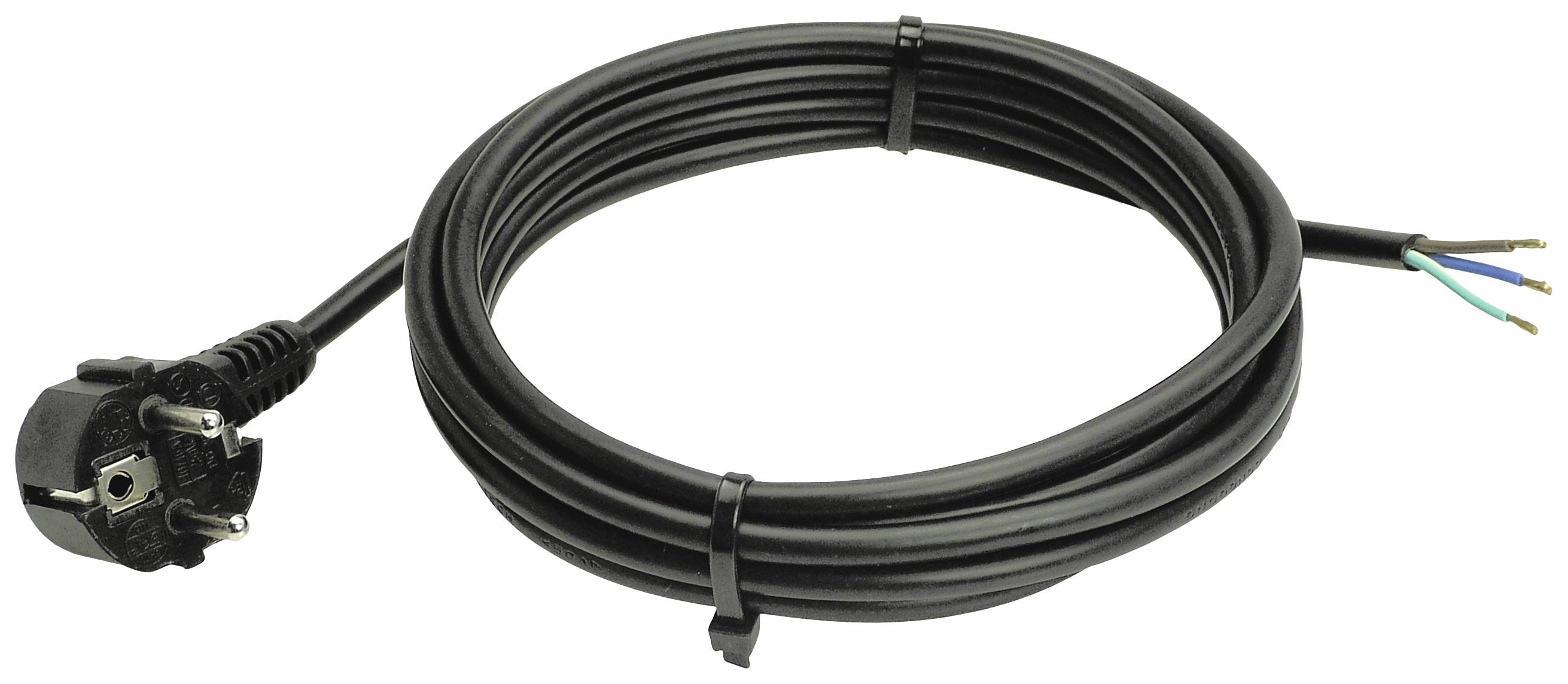 Een zwart elektriciteitssnoer met Schuko-stekker en open uiteinden, geschikt voor installatie of reparatie van elektrische apparaten.