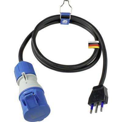 Blauw verlengsnoer met CEE-koppeling en Schuko-stekker. Getest volgens de Duitse veiligheidsnormen. Ideaal voor gebruik buitenshuis.