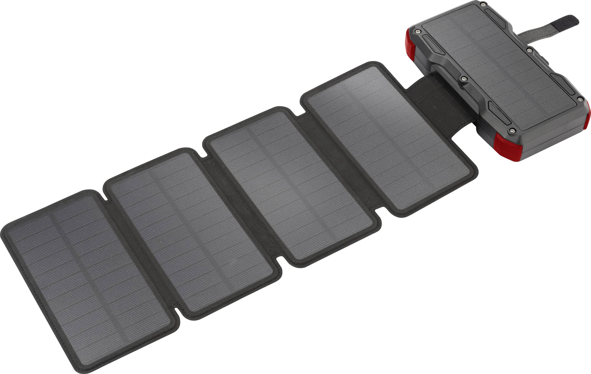Een draagbaar zonnepaneel met meerdere opvouwbare segmenten, geschikt voor het opladen van elektronische apparaten onderweg.