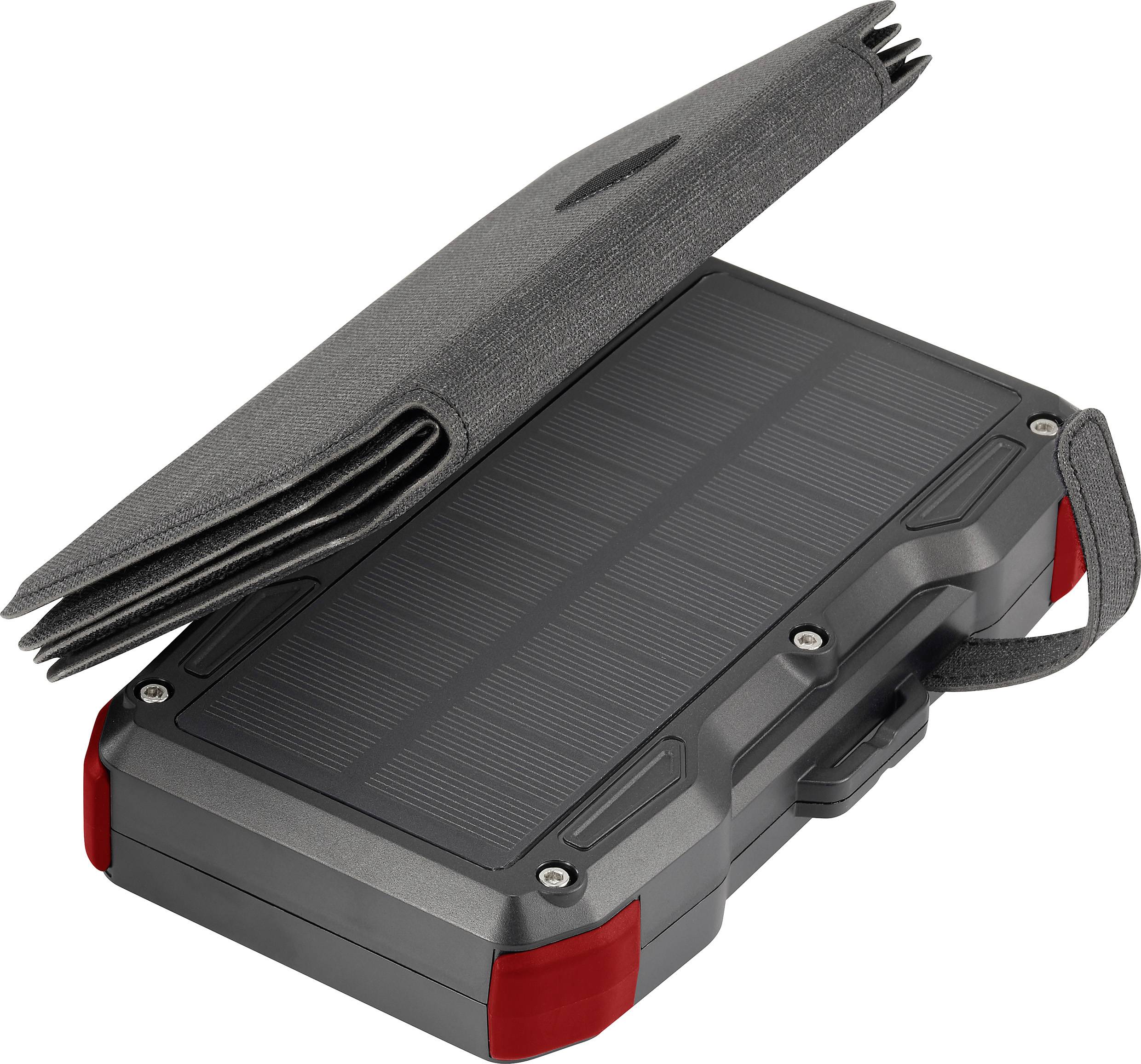 Draagbaar zonnepaneel-laadapparaat met USB-aansluiting en opvouwbare beschermkap voor gebruik buitenshuis, compact en robuust ontworpen.