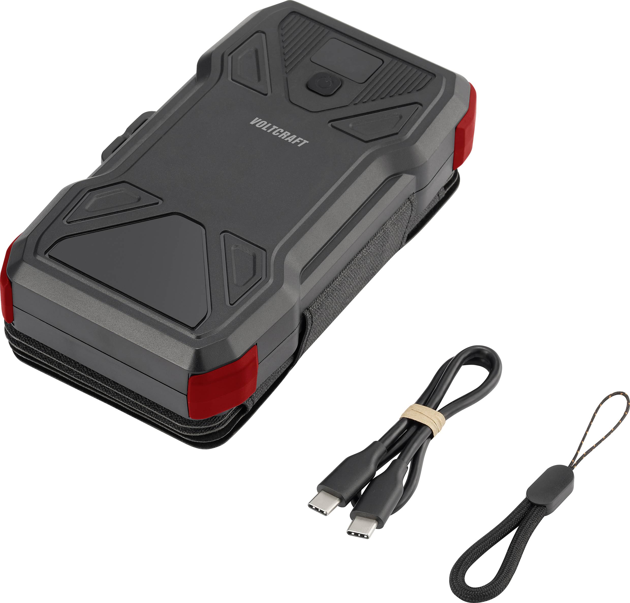 'Jumpstarter met een USB-kabel en een klein handlusje ernaast. Het apparaat is zwart met rode accenten.'