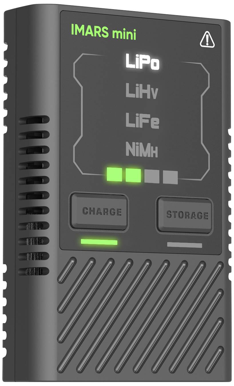 IMARS mini-batterijlader met opties voor LiPo, LiHv, LiFe en NiMH. Toont 'CHARGE', drie groene laadstatuslampjes.