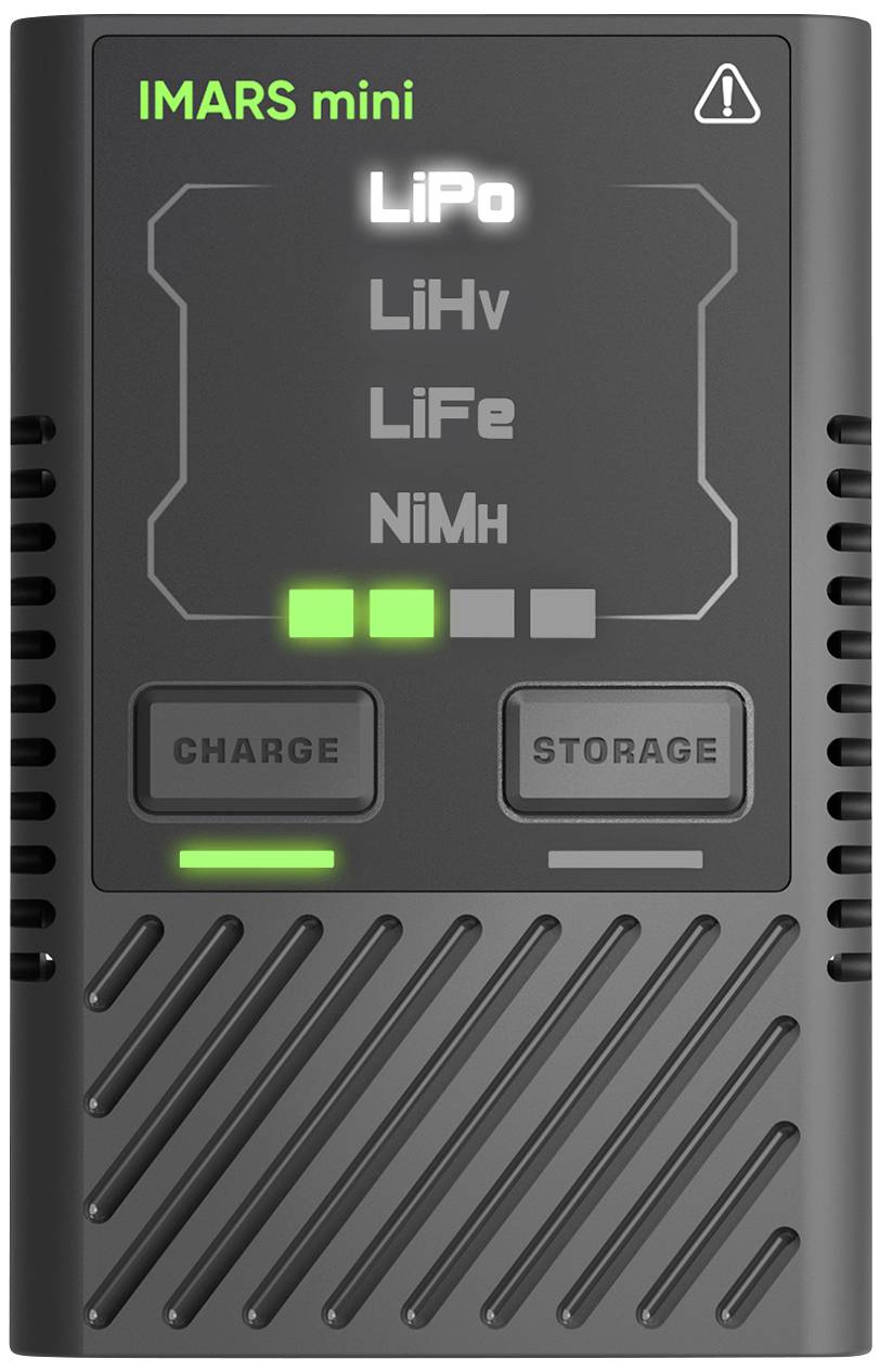'Oplader IMARS mini, toont selectie van batterijtypes: LiPo, LiHv, LiFe, NiMh. Twee knoppen: 'Charge' en 'Storage' met actieve laadweergave.'