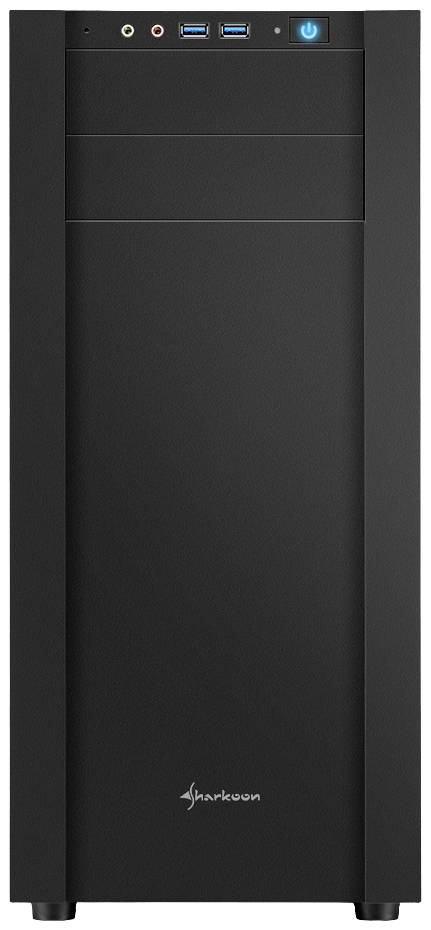 'Zwart computerbehuizing met aansluitingen en aan/uit-knop bovenaan. Merk "Sharkoon" onderaan de voorkant.'