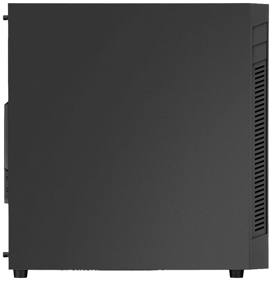 Een zwarte computerbehuizing van opzij gezien. Het toont een eenvoudig, minimalistisch ontwerp zonder zichtbare elementen of versieringen.