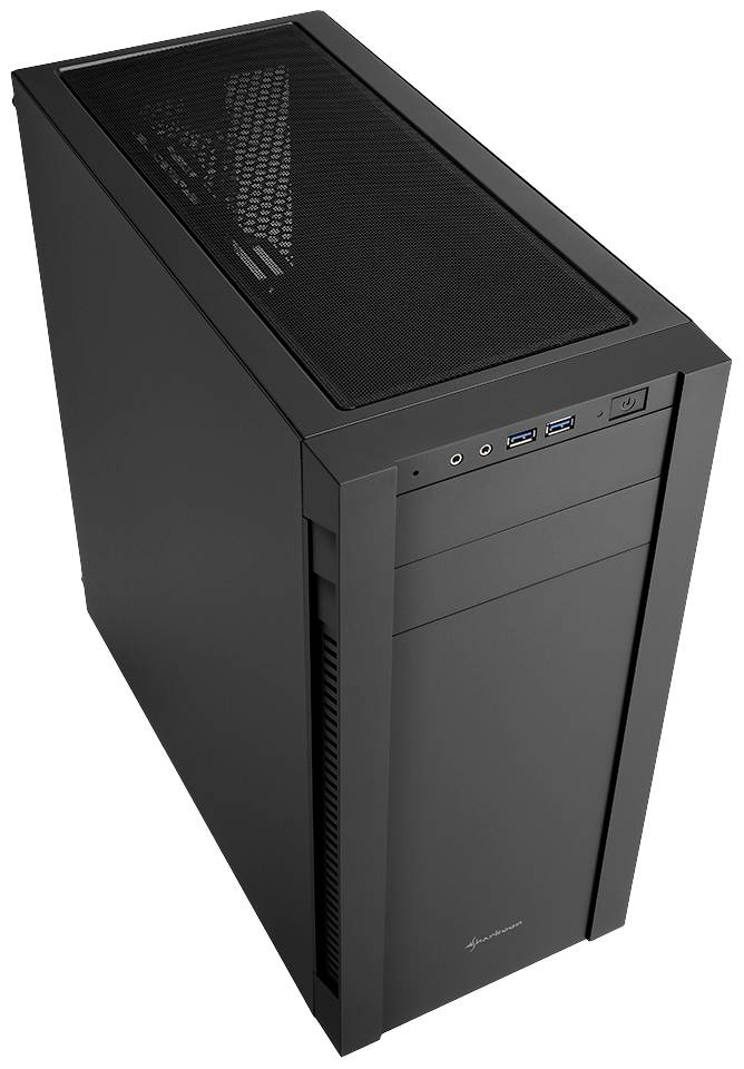 Zwart computerbehuizing met vooraansluitingen voor USB en audio, evenals een netgaas aan de bovenkant voor ventilatie.