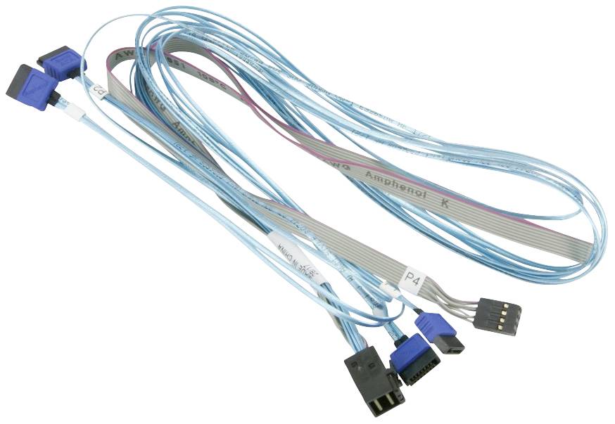 Een set van vijf blauwe en grijze computerverbindingskabels met verschillende connectoren aan de uiteinden, op een witte achtergrond.