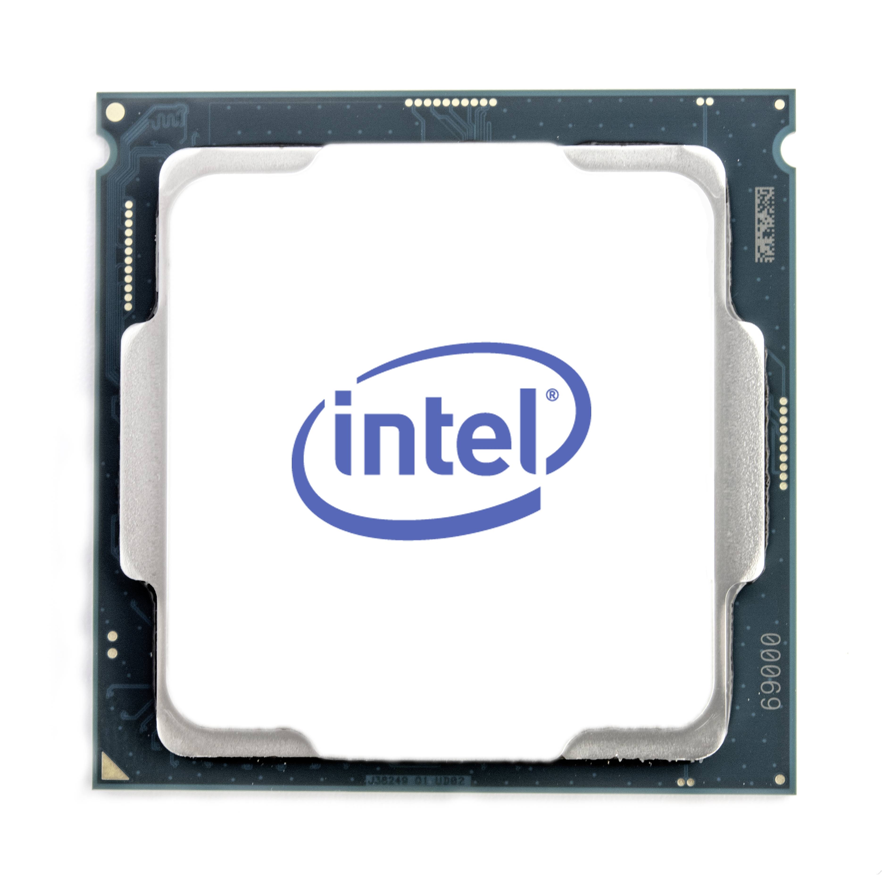 Een Intel-processor op een witte achtergrond. Het centrale element is de vierkante CPU met het gedrukte Intel-logo.