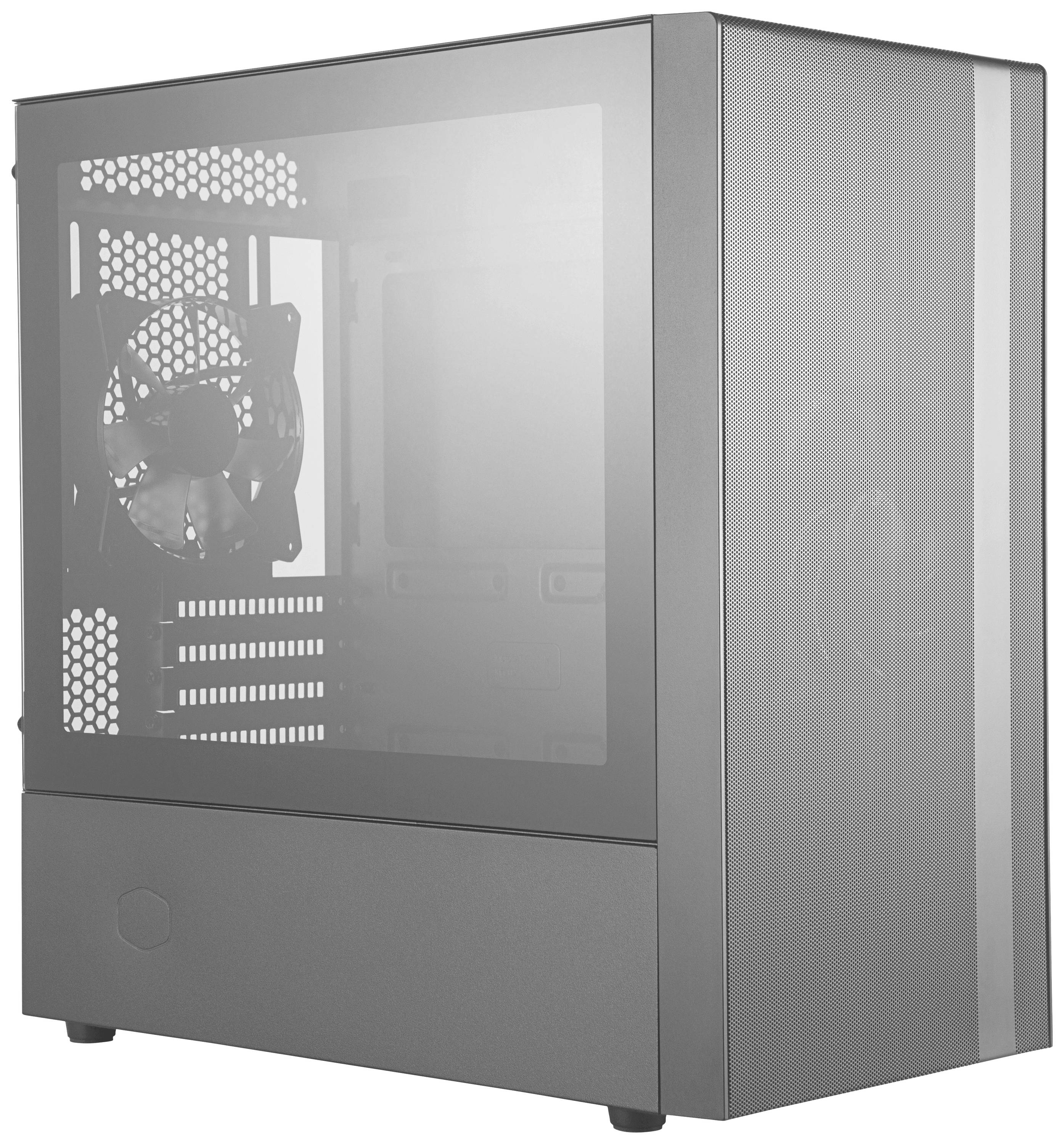 Een zilveren computerbehuizing met een transparant zijpaneel en een ventilator aan de achterkant.