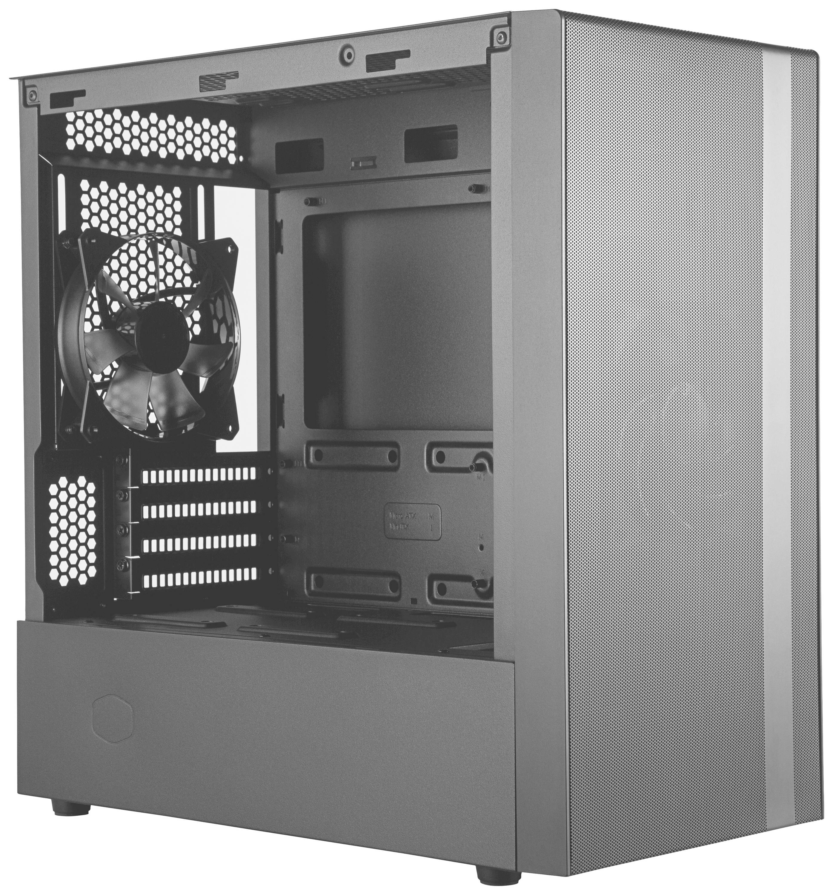 Behuizing van een computerbehuizing met een transparant zijvenster. Een ventilator aan de achterkant en ruimte voor componenten zijn zichtbaar.