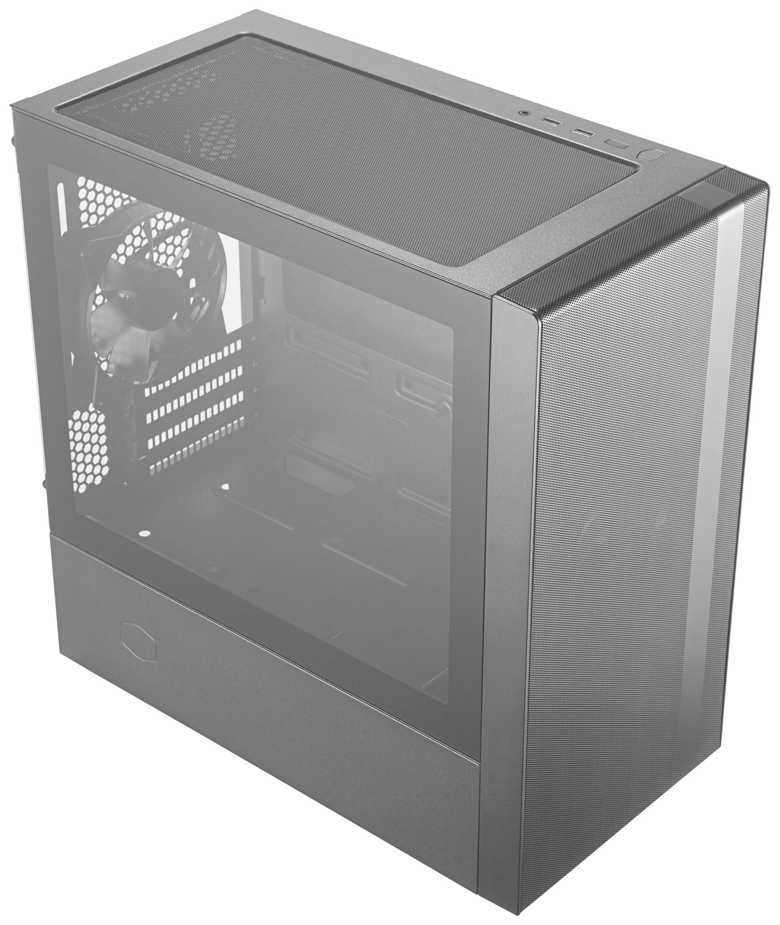 Computerbehuizing van glas en metaal met een ventilator aan de achterkant, binnenzijde zichtbaar, duidelijk modern en functioneel ontworpen.