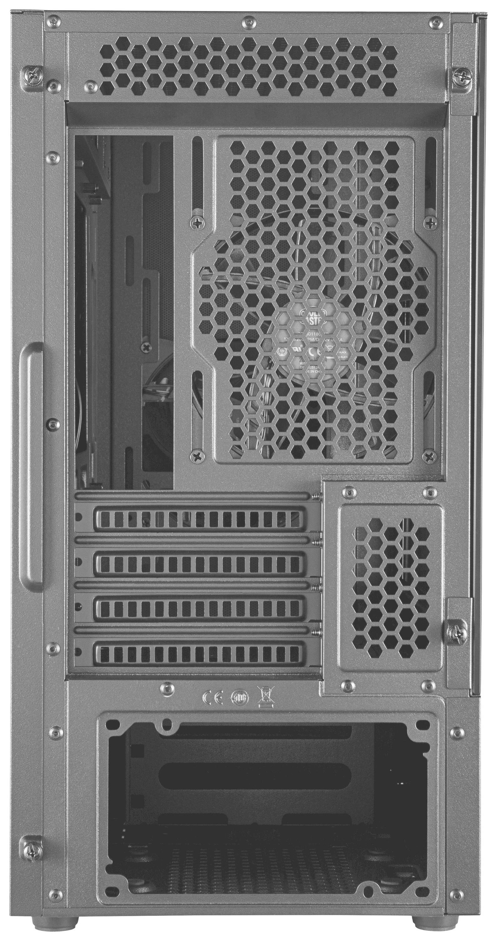Achterkant van een computerbehuizing met ventilatierooster en meerdere uitbreidingssleuven zichtbaar.