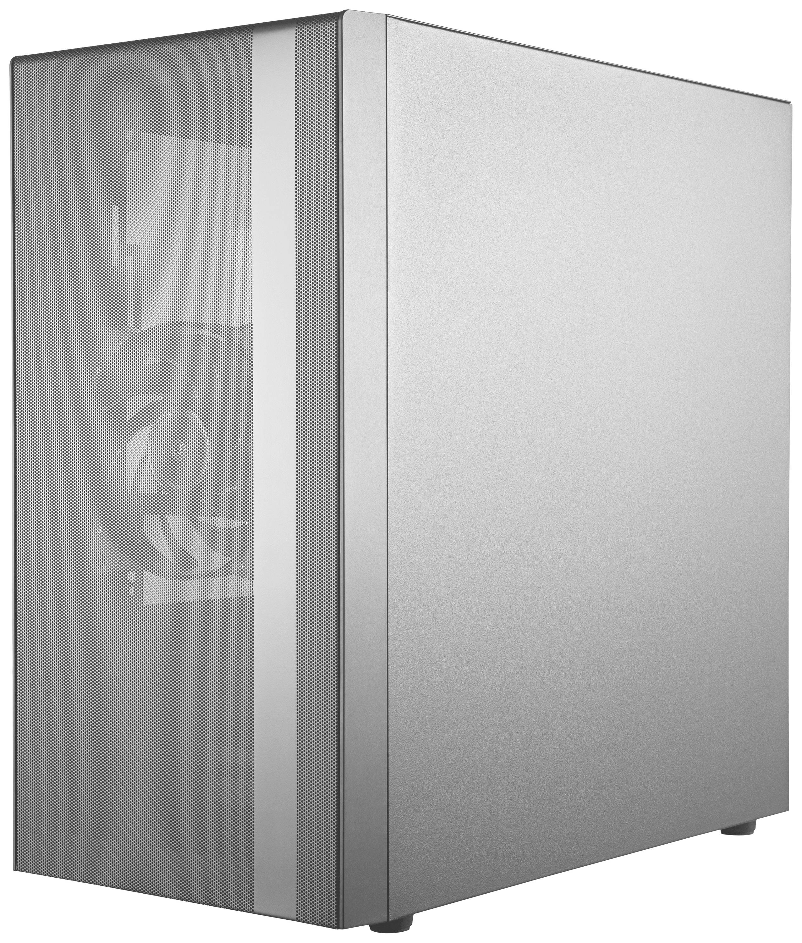 Een grijs computerbehuizing met een zichtbare ventilator aan de linkerkant. Minimalistisch ontwerp met een gladde, gesloten voorkant.