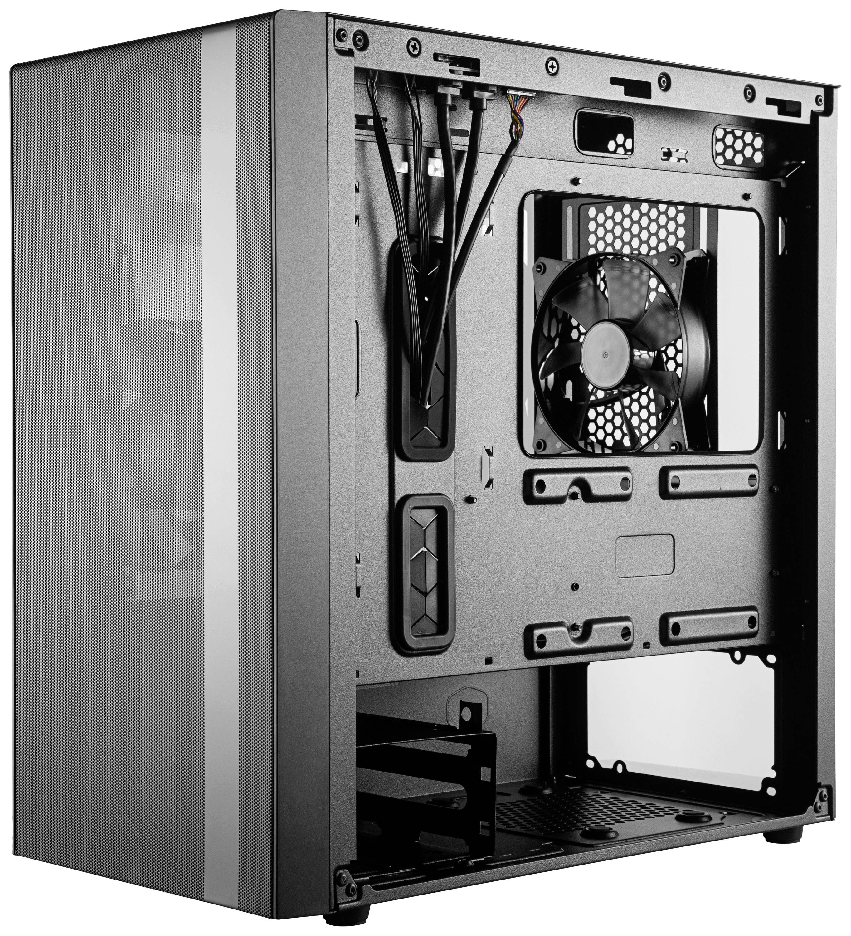 Zwart pc-behuizing met transparant zijpaneel, toont een ingebouwde ventilator en kabelbeheer, lege binnenruimte voor componenten.