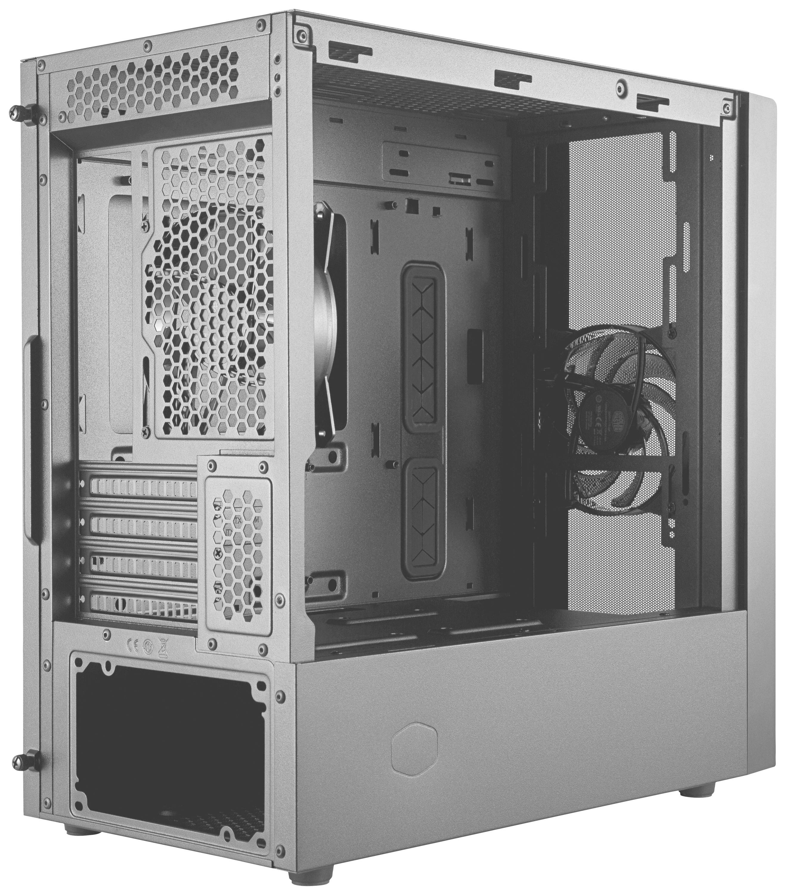 Geopend zilverkleurig pc-behuizing met zicht op koelventilatoren en uitbreidingssleuven. Geen geïnstalleerde componenten zichtbaar.