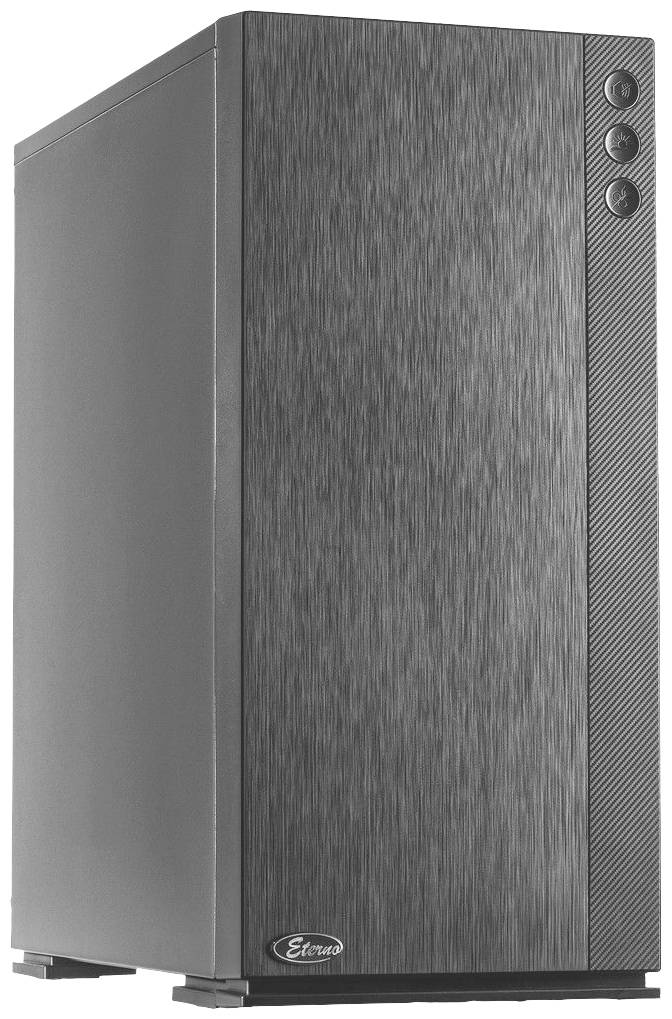Zwart computerbehuizing, staand model met gestructureerd voorpaneel en drie knoppen rechtsboven.