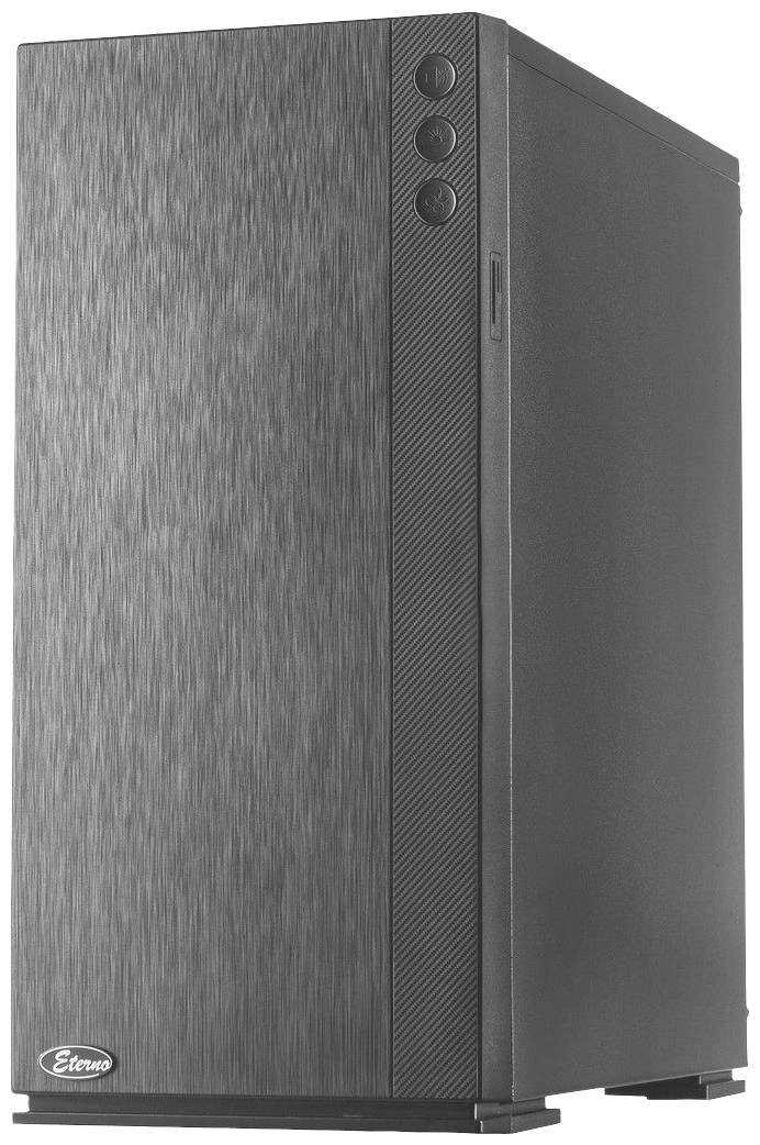 Een zwarte computerbehuizing met een gestructureerd frontpaneel. Bovenaan zijn drie ronde knoppen zichtbaar. Het oogt modern en strak.