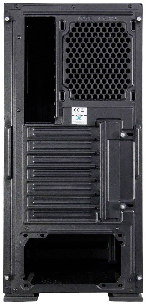 De afbeelding toont de achterkant van een computerbehuizing met openingen voor ventilatoren en uitbreidingssleuven voor uitbreidingskaarten.