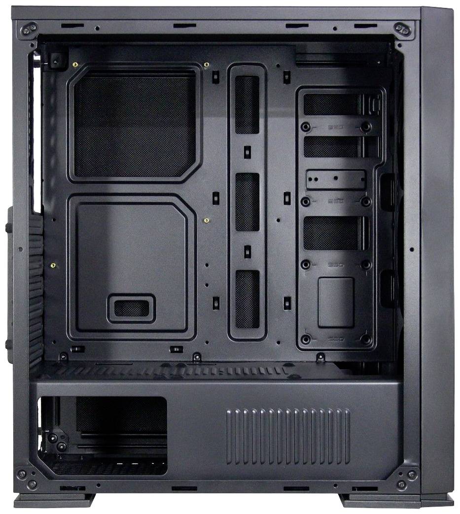 Zwart computerbehuizing zonder voorpaneel, toont ruimte voor moederbord, drives en kabelbeheer, geschikt voor DIY-pc's.